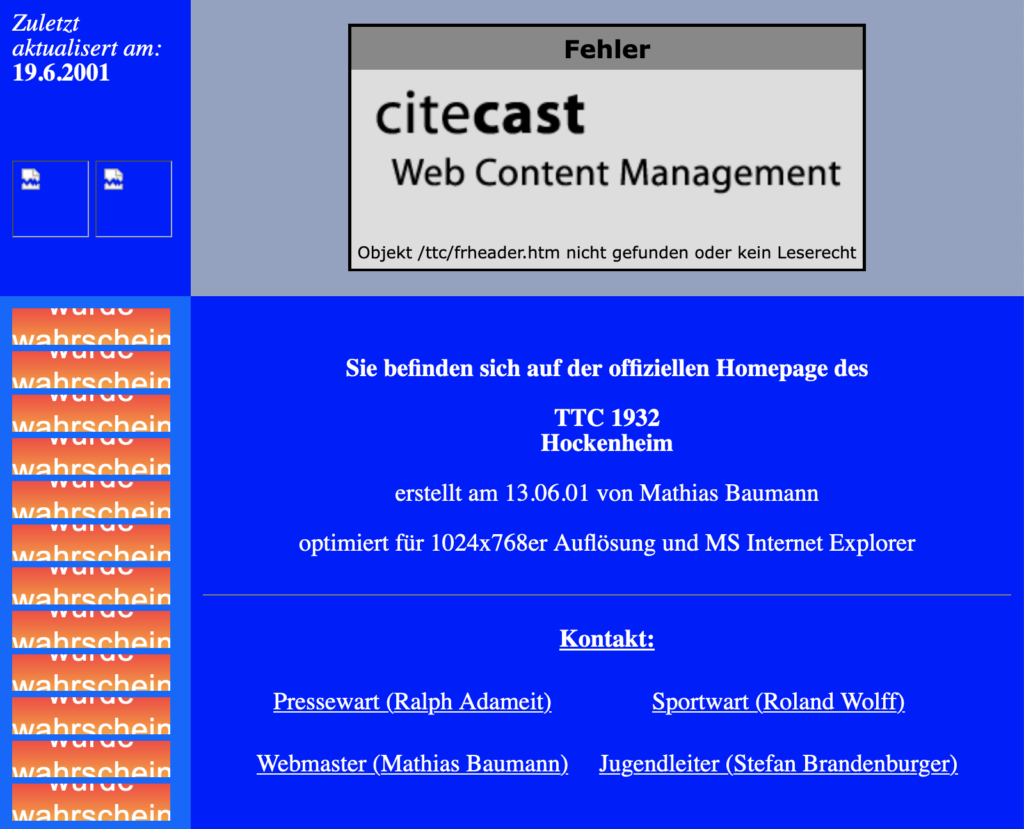 TTC Homepage im Jahr 2001