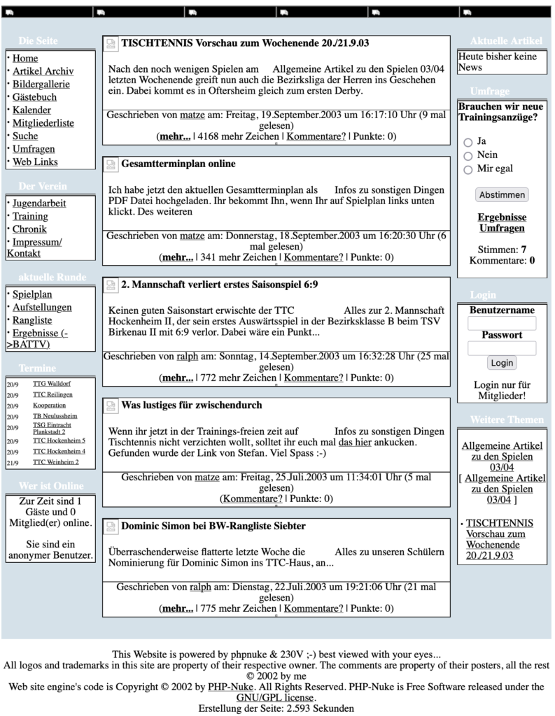 TTC Homepage im Jahr 2003